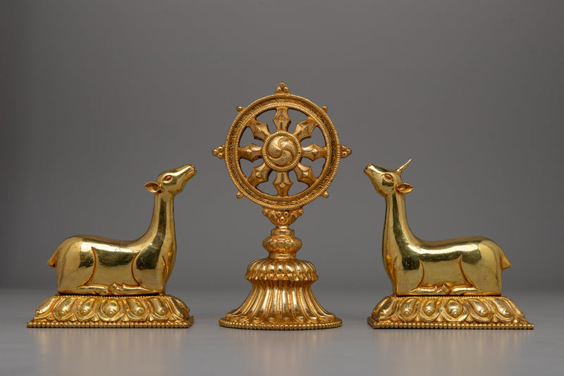 Gold-Plated Dharma Wheel with Deer Set | Spiritual Meditation Gift