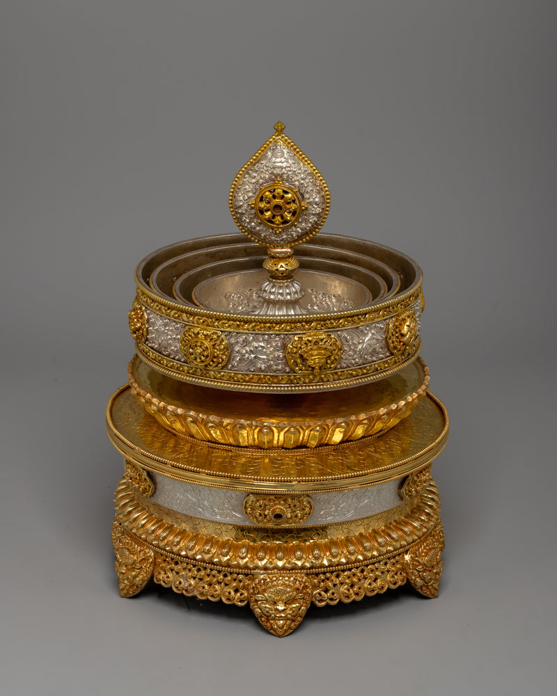 Buddhist Mandala Rice Offering Set | Handcrafted Copper Artwork with Gold & Silver Plating