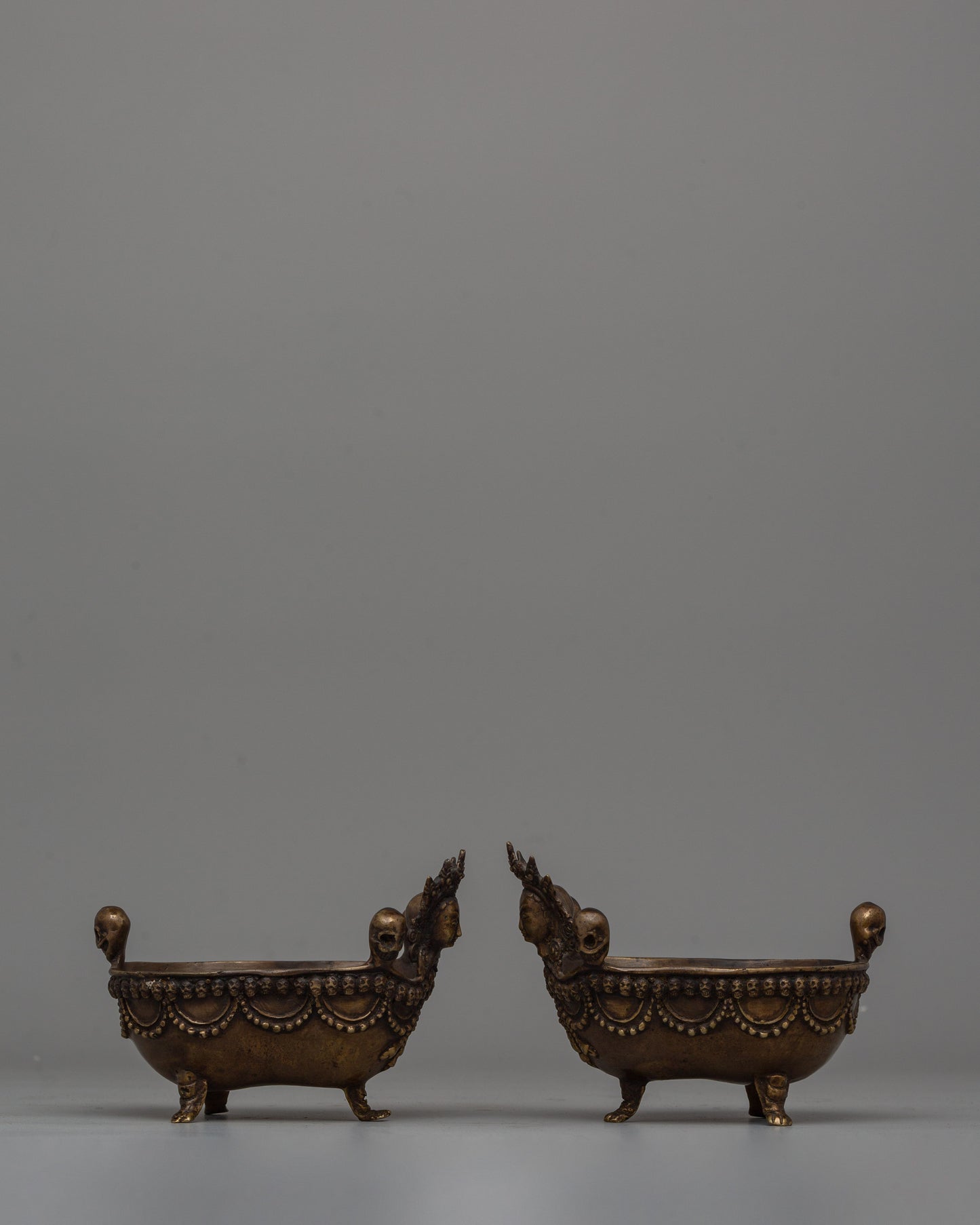 Oxidized Brass Kapala Set | Sacred Tibetan Offering Bowls for Ceremonial Use