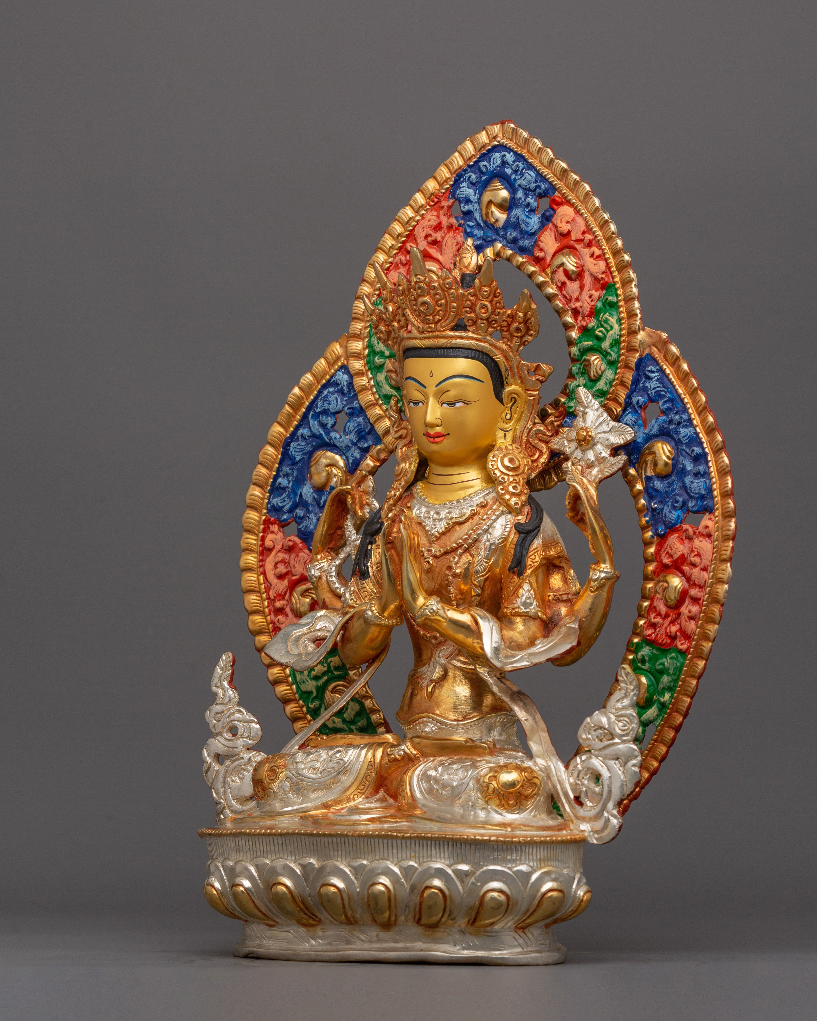 Handmade Chenrezig Meditation Statue | Electro Gold and Silver Plated Tibetan Altar Decor