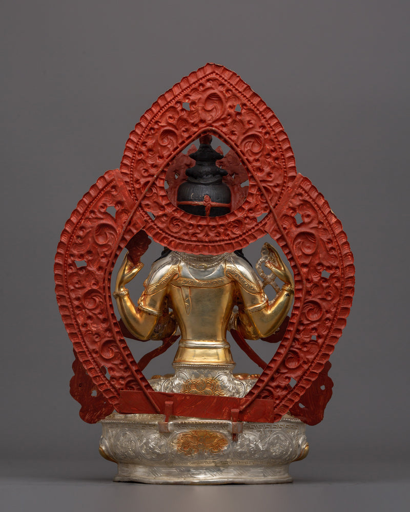 Handmade Chenrezig Meditation Statue | Electro Gold and Silver Plated Tibetan Altar Decor