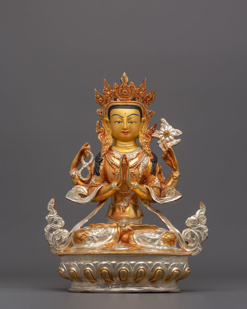 Handmade Chenrezig Meditation Statue | Electro Gold and Silver Plated Tibetan Altar Decor