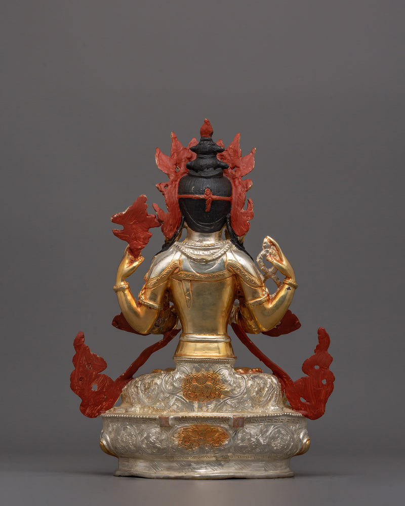 Handmade Chenrezig Meditation Statue | Electro Gold and Silver Plated Tibetan Altar Decor