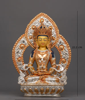 Handmade Buddha Amitayus Statue | Handmade Gold and Silver-Plated Copper Sculpture for Altar