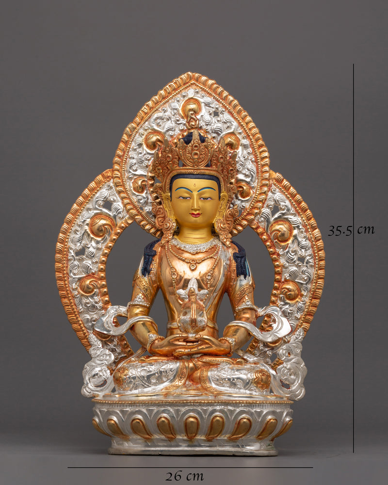 Handmade Buddha Amitayus Statue | Handmade Gold and Silver-Plated Copper Sculpture for Altar