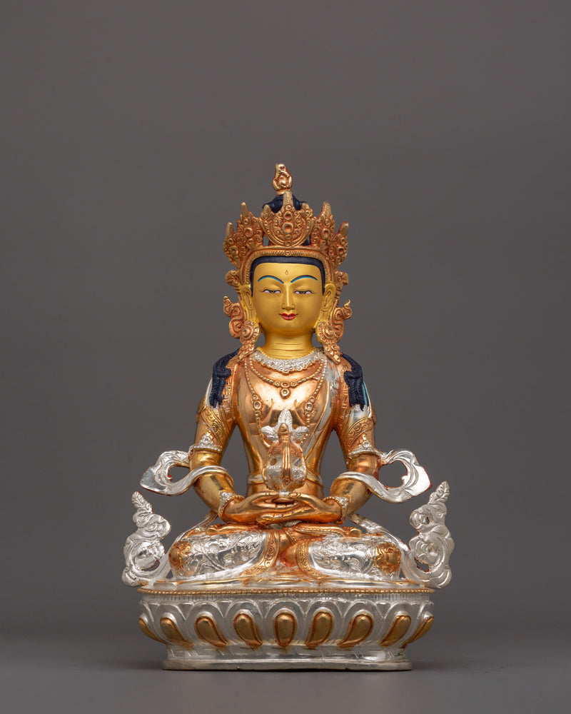 Handmade Buddha Amitayus Statue | Handmade Gold and Silver-Plated Copper Sculpture for Altar