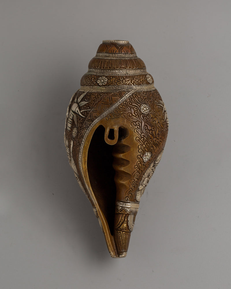 Silver-Plated Hindu Deity Sankha | Handcrafted Copper Ritual Conch Shell