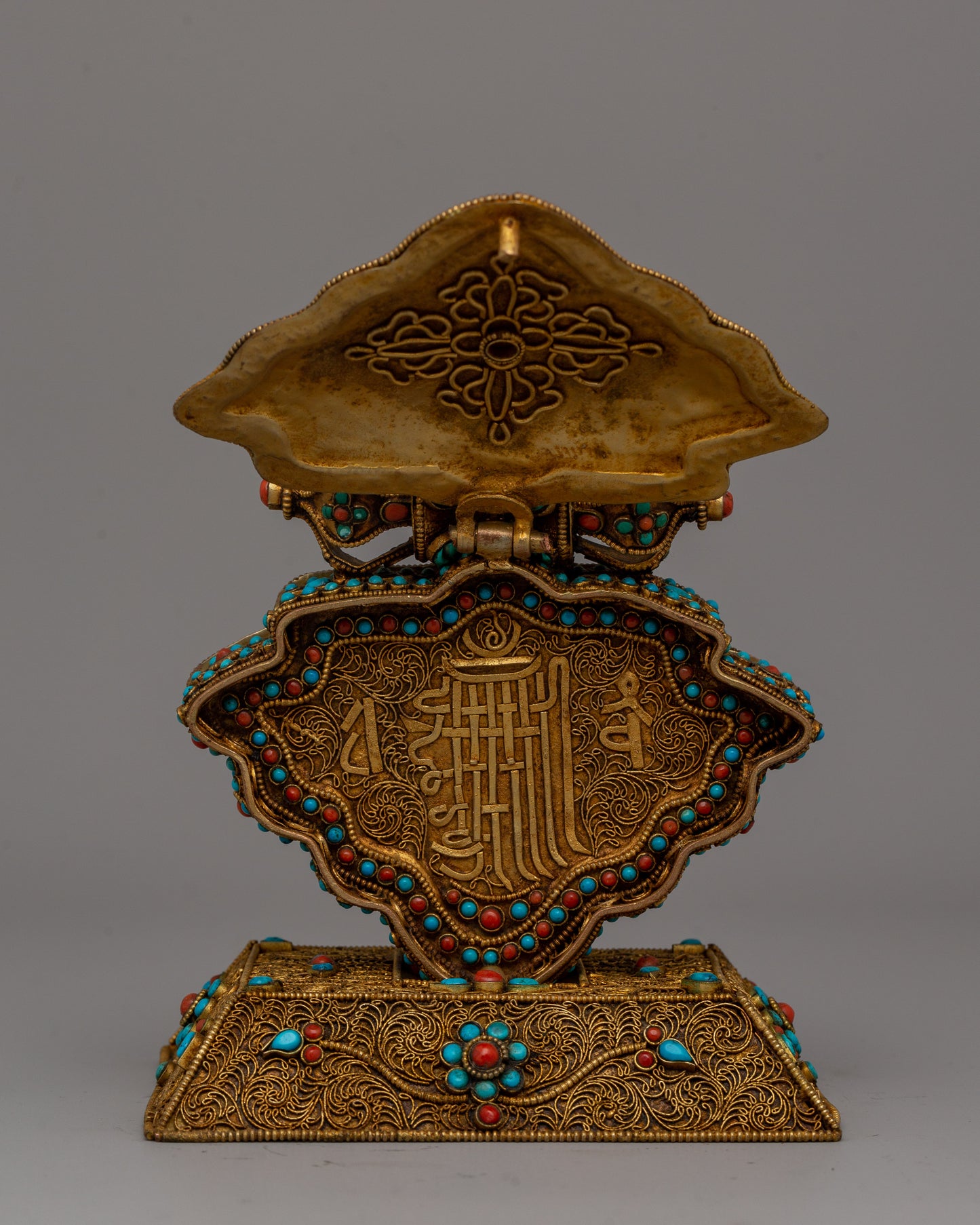 Copper Ghau Box | Tibetan Relic Holder with Filigree Work and Stones165