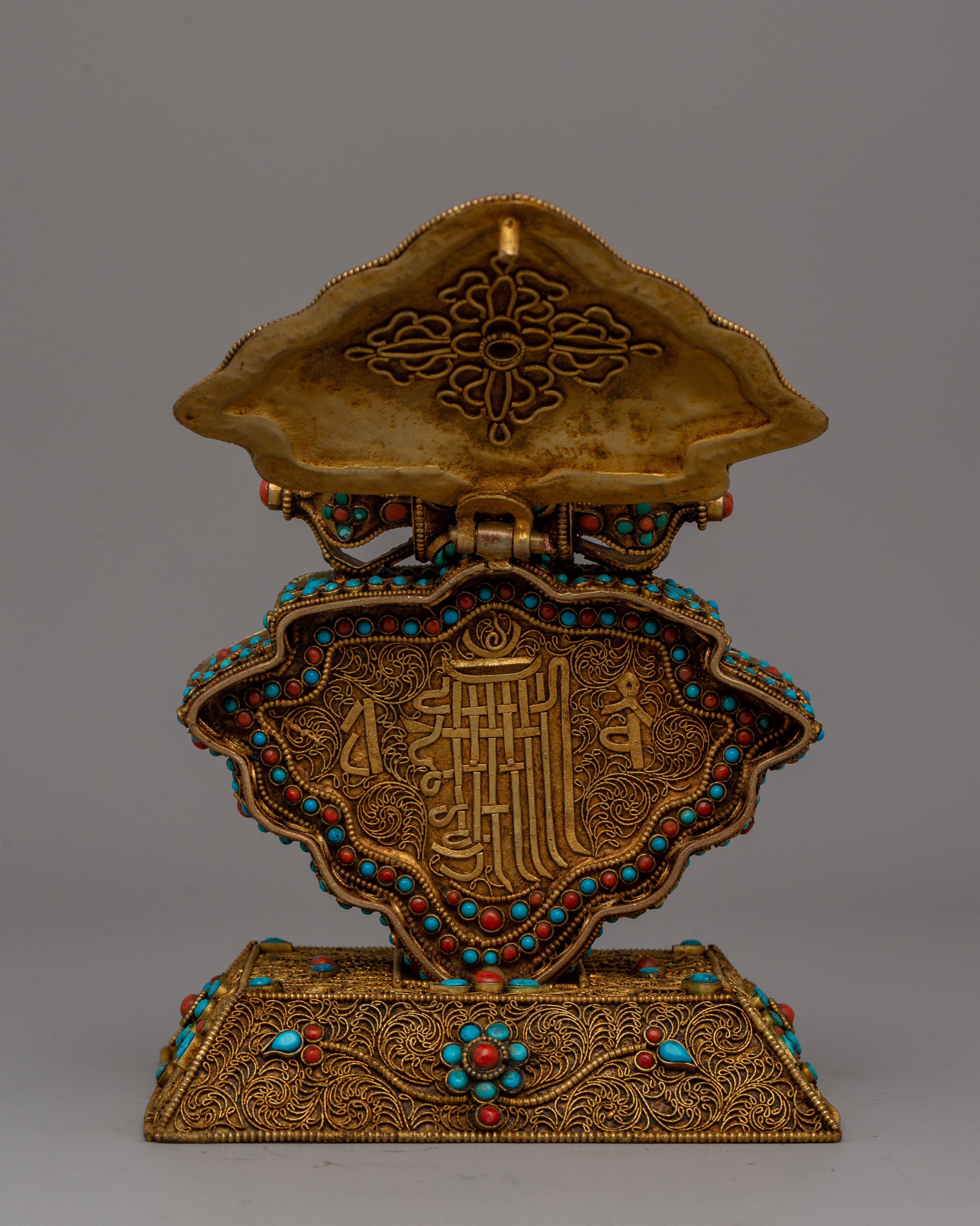Copper Ghau Box | Tibetan Relic Holder with Filigree Work and Stones165