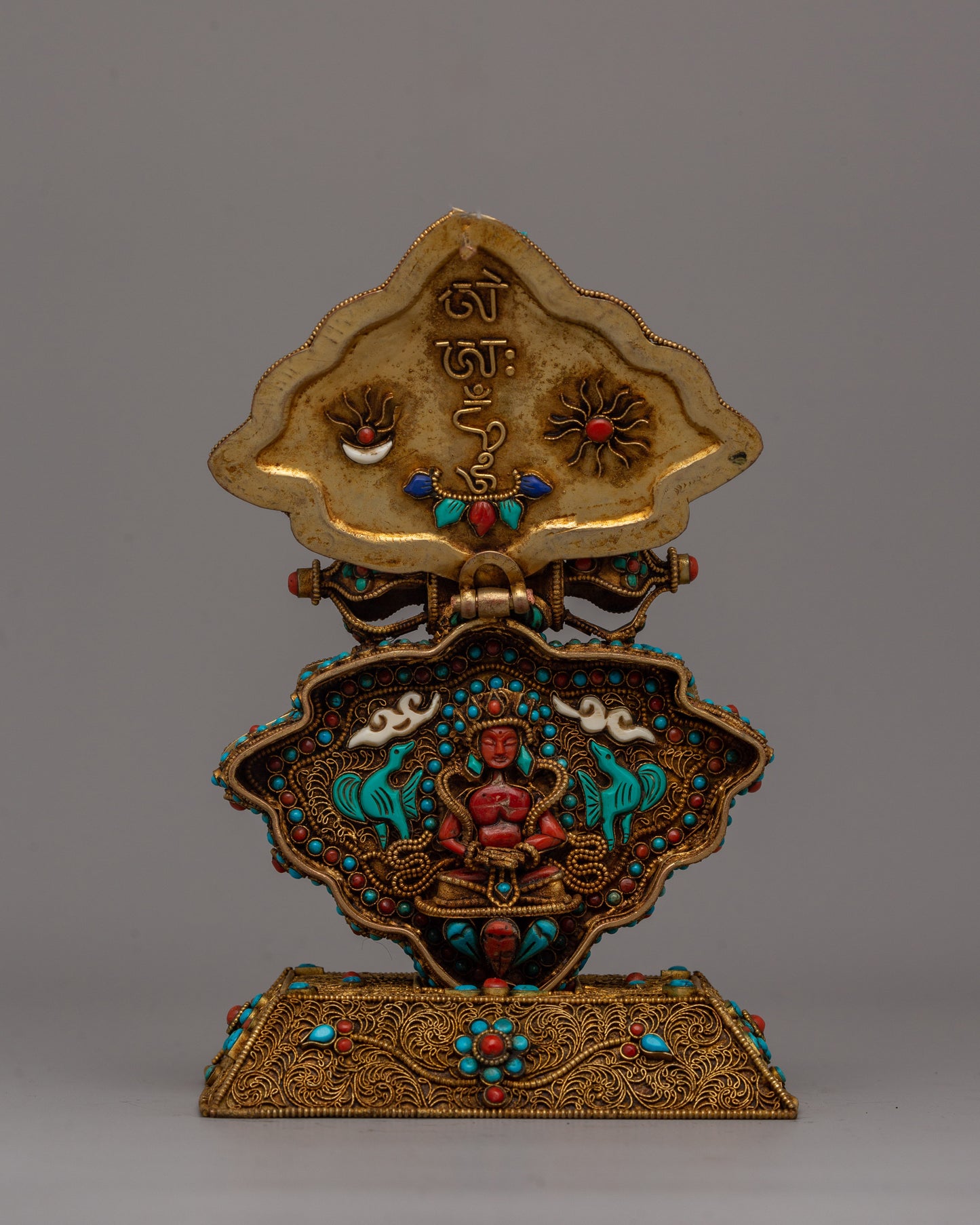 Copper Ghau Box | Tibetan Relic Holder with Filigree Work and Stones165