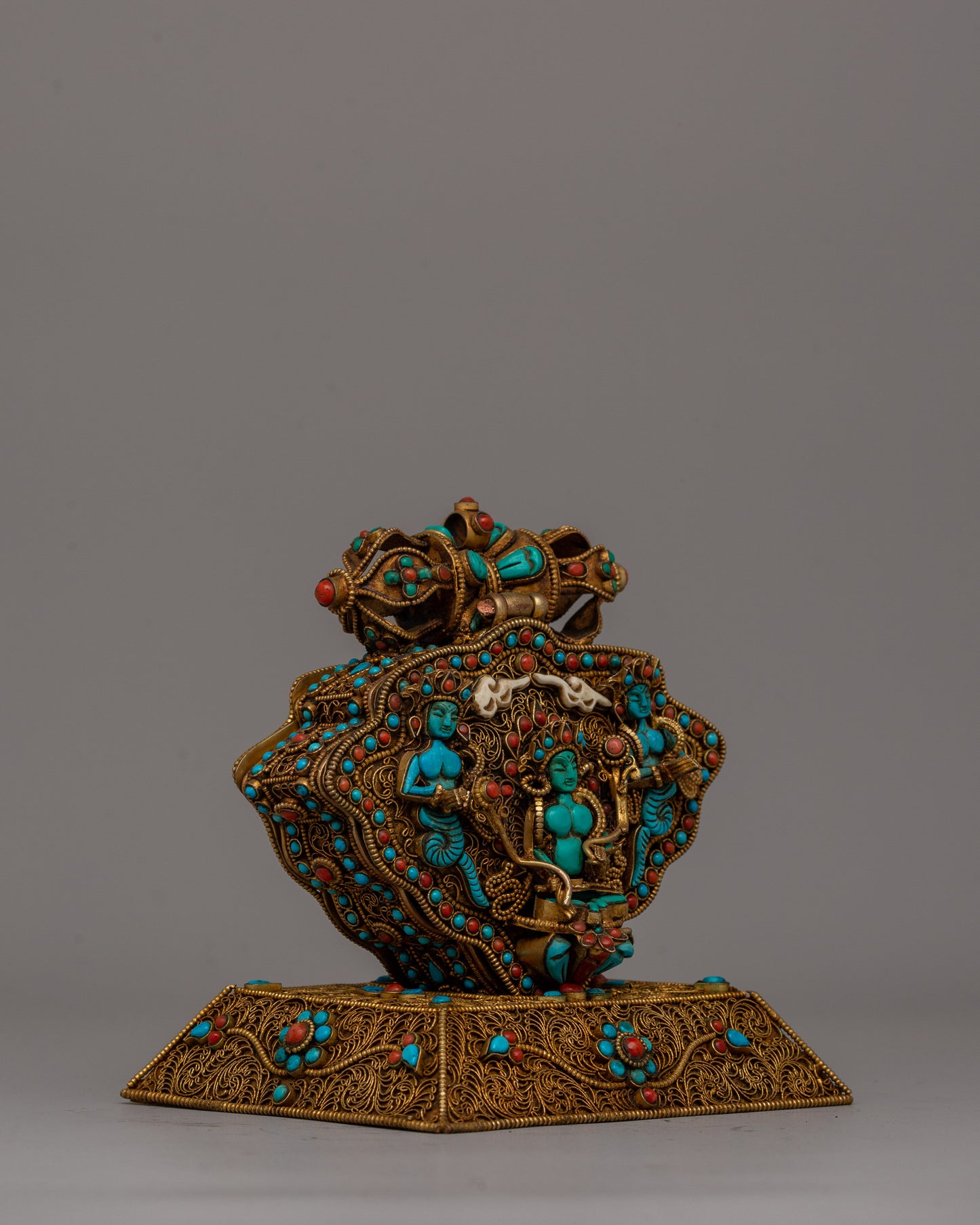 Copper Ghau Box | Tibetan Relic Holder with Filigree Work and Stones165