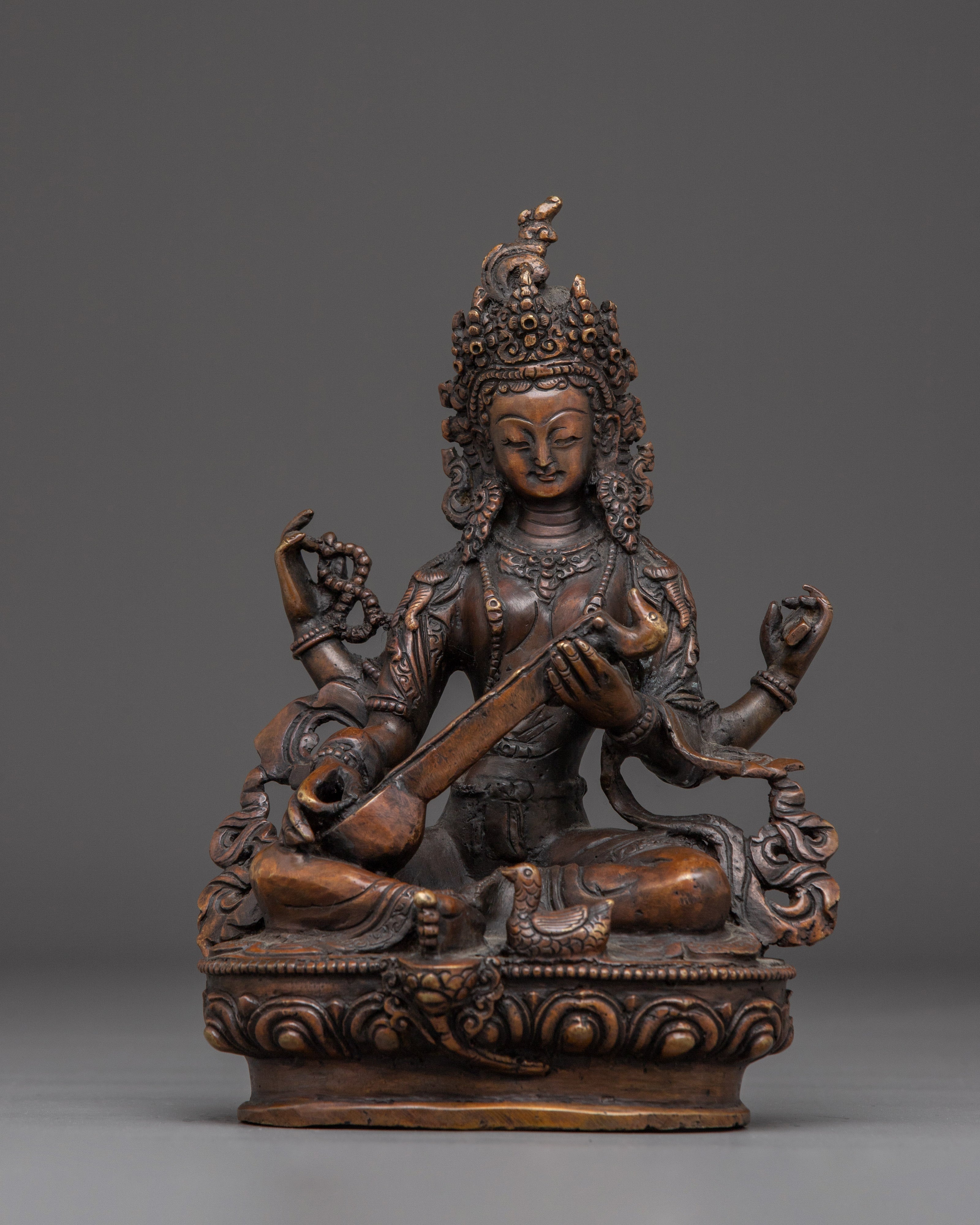 Oxidized Copper Saraswati with Veena Statue
