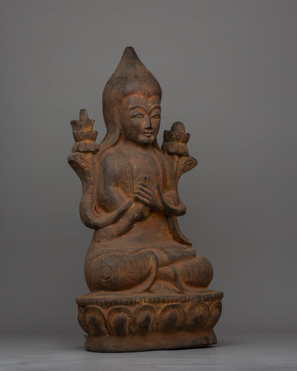 Bodhi Wooden Tsongkhapa Statue | Tibetan Buddhist Handcrafted Artwork