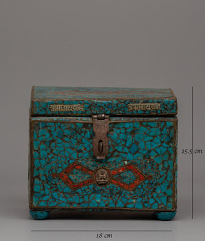 Handmade Wooden Tibetan Box With Sankha | Handmade Set with Silver and Copper Details