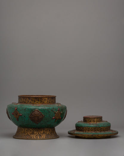 Handmade Tibetan Rice Pot | Dhupur Ritual Artifact with Turquoise Stone Details