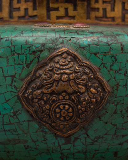 Handmade Tibetan Rice Pot | Dhupur Ritual Artifact with Turquoise Stone Details