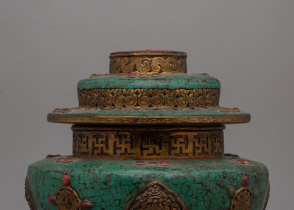 Handmade Tibetan Rice Pot | Dhupur Ritual Artifact with Turquoise Stone Details