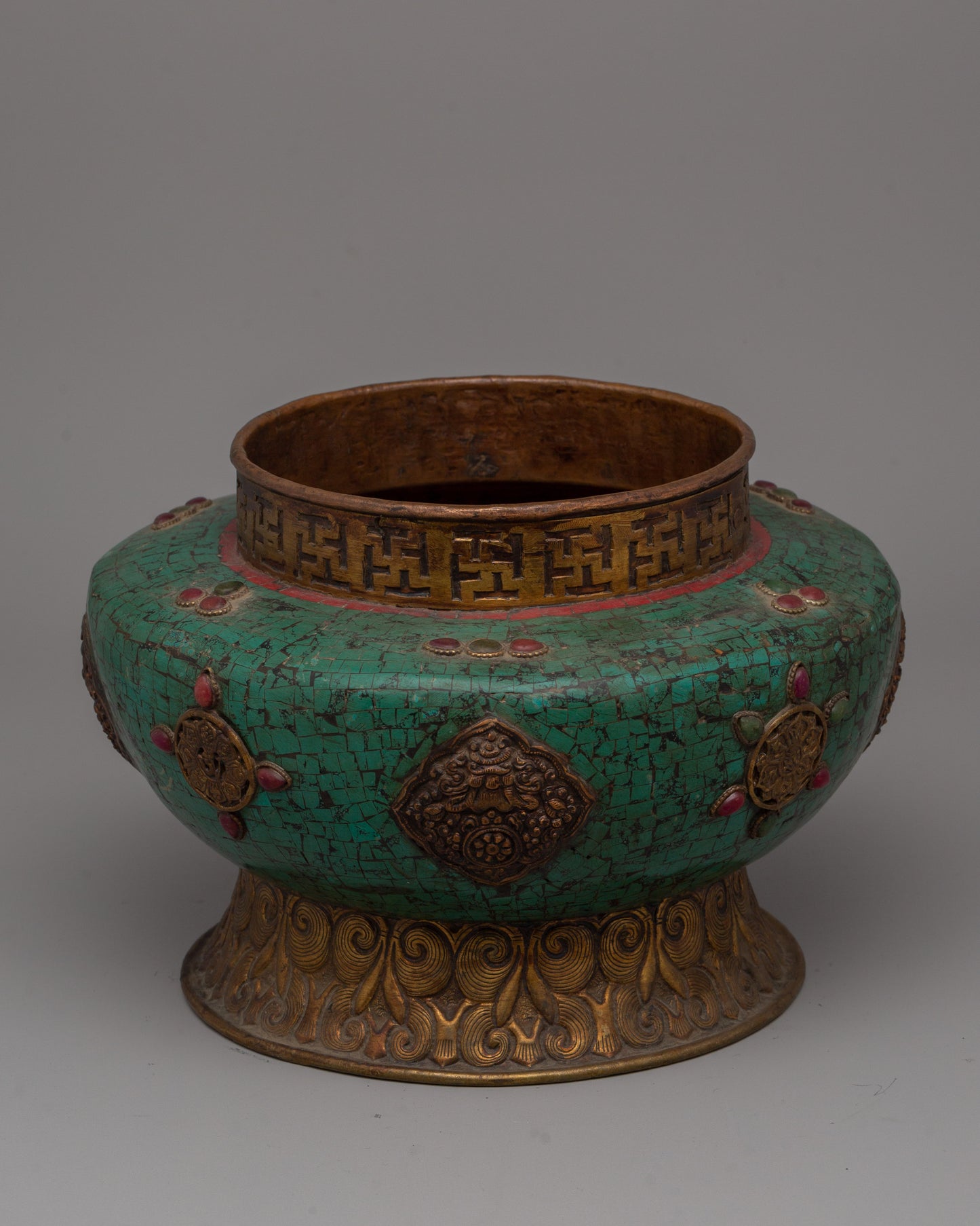 Handmade Tibetan Rice Pot | Dhupur Ritual Artifact with Turquoise Stone Details