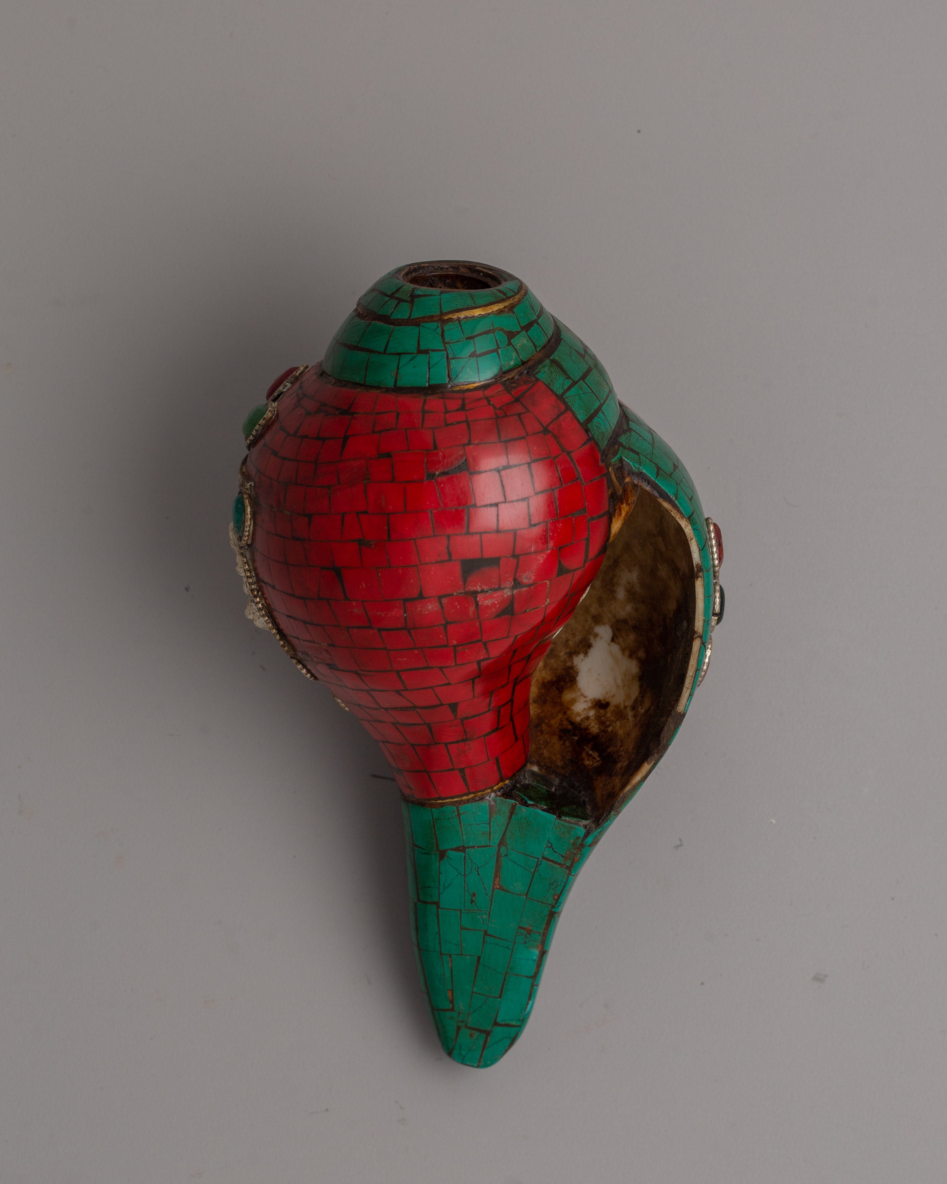 Tibetan Ritual Sankha | Handmade Copper Conch with Silver and Stone Details