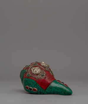 Tibetan Ritual Sankha | Handmade Copper Conch with Silver and Stone Details