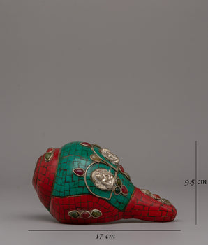 Tibetan Sacred Sankha | Handmade Copper Ritual Conch with Decorative Stones