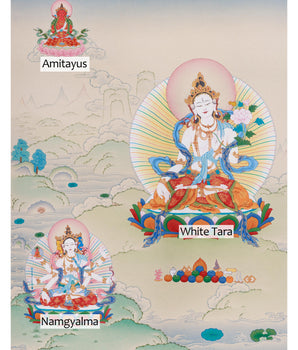 Thangka of Long-Life Deities: White Tara, Amitayus Buddha, and Namgyalma | Symbols of Protection