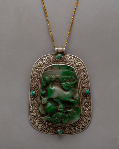 Jade Stone Pendant | Handmade with Carved Jade and Silver-Copper