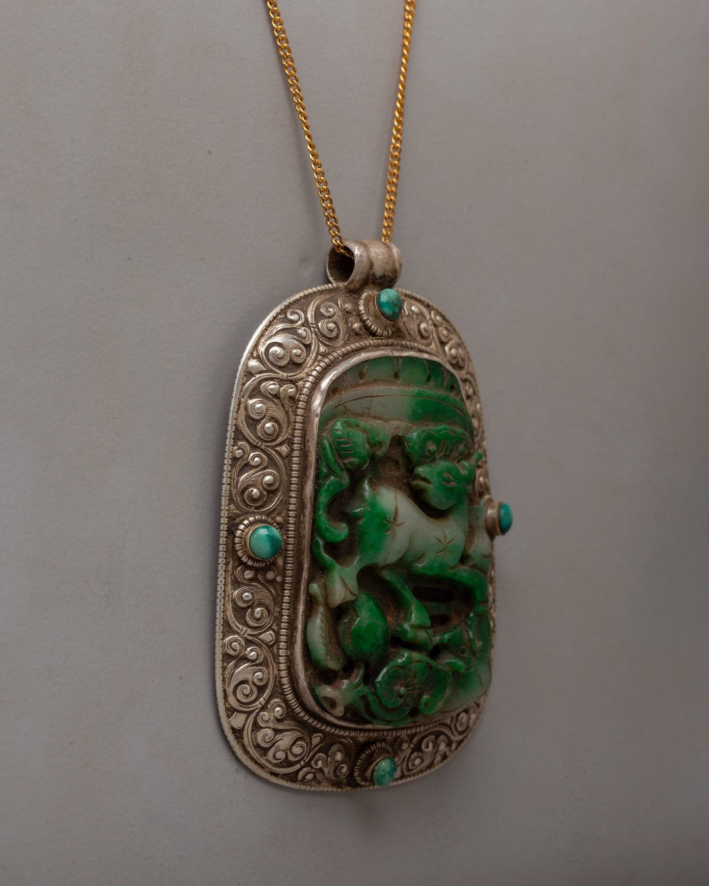 Jade Stone Pendant | Handmade with Carved Jade and Silver-Copper