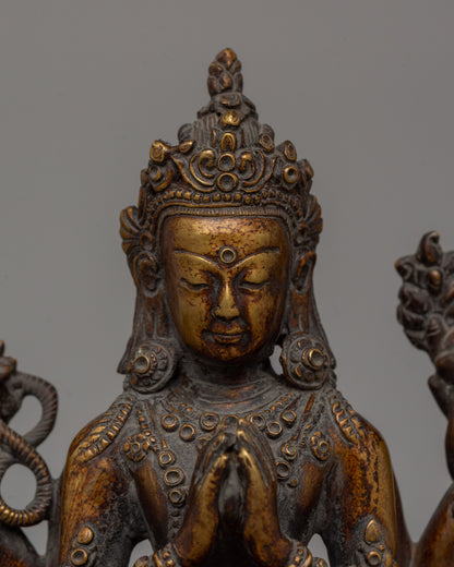 Hand-Carved Chenrezig Bodhisattva Statue | Antique Finish Copper Sculpture | Avalokiteshvara