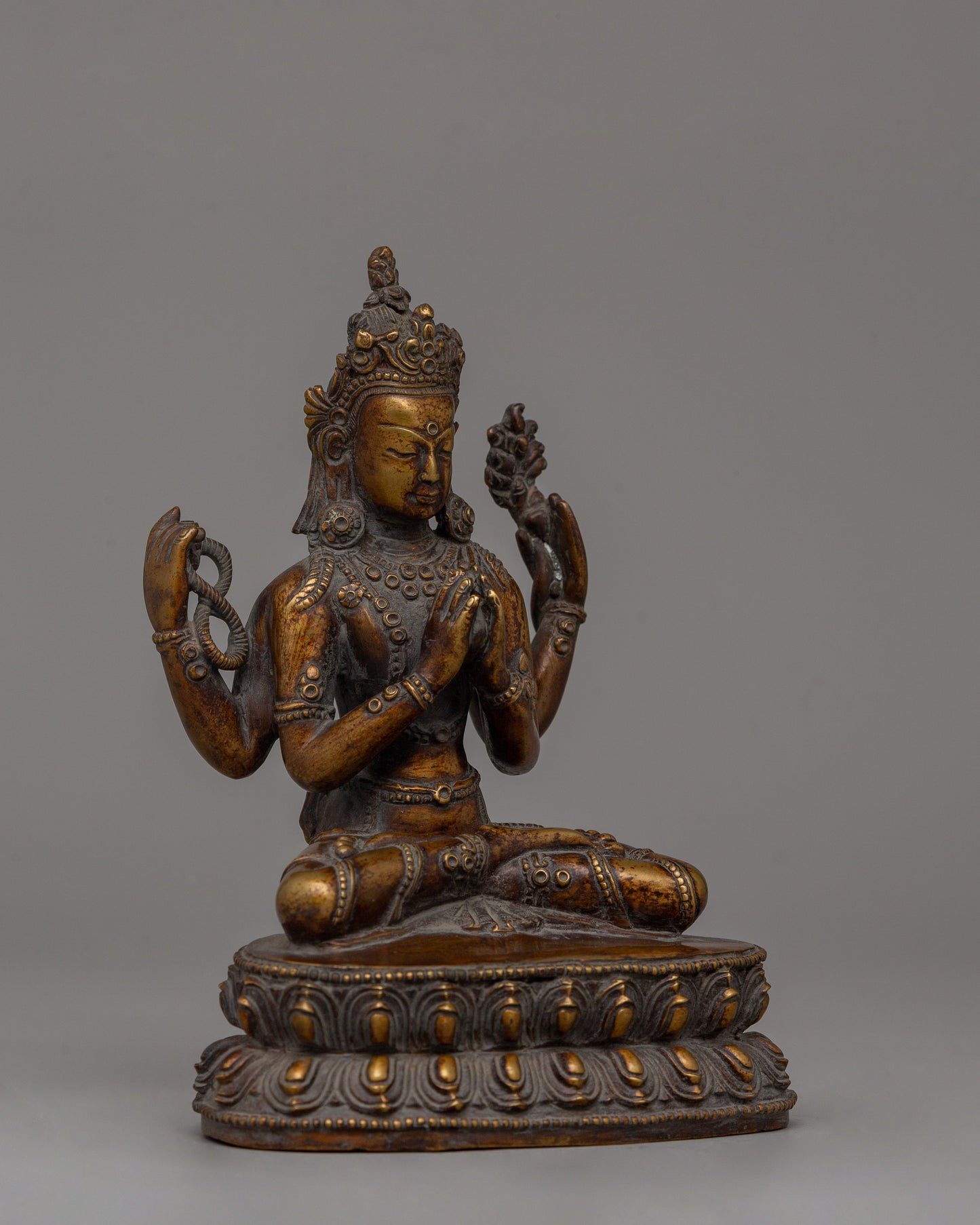 Hand-Carved Chenrezig Bodhisattva Statue | Antique Finish Copper Sculpture | Avalokiteshvara