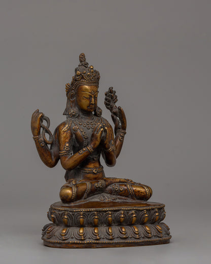 Hand-Carved Chenrezig Bodhisattva Statue | Antique Finish Copper Sculpture | Avalokiteshvara