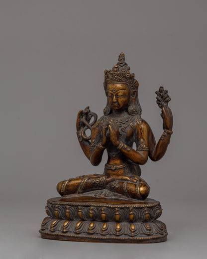 Hand-Carved Chenrezig Bodhisattva Statue | Antique Finish Copper Sculpture | Avalokiteshvara