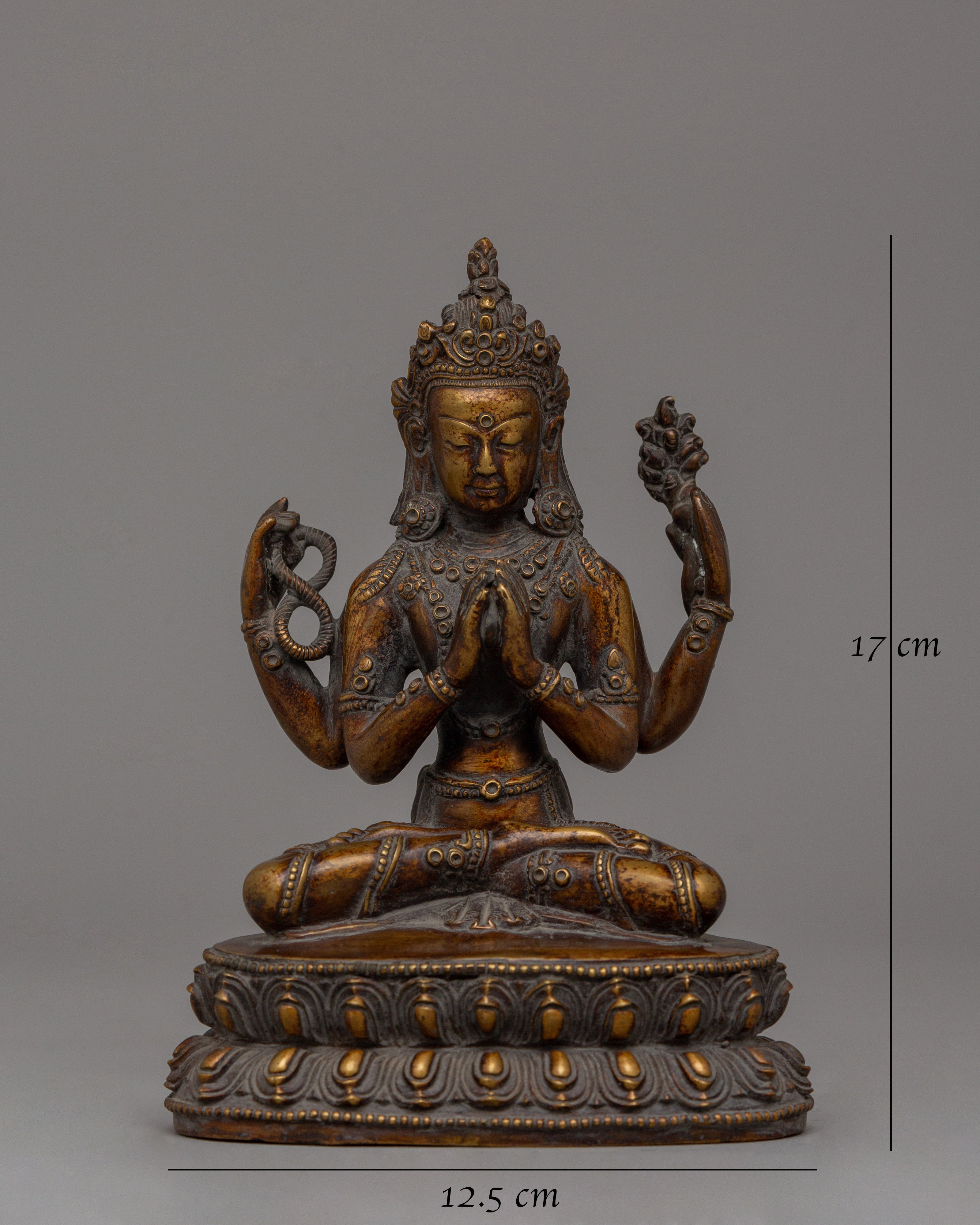Hand-Carved Chenrezig Bodhisattva Statue | Antique Finish Copper Sculpture | Avalokiteshvara