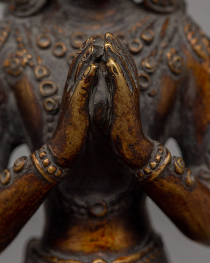 Hand-Carved Chenrezig Bodhisattva Statue | Antique Finish Copper Sculpture | Avalokiteshvara