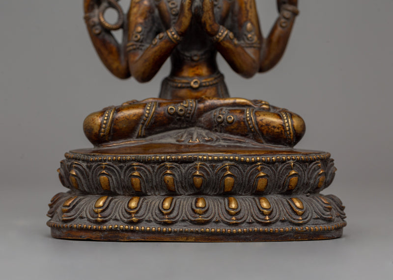 Hand-Carved Chenrezig Bodhisattva Statue | Antique Finish Copper Sculpture | Avalokiteshvara