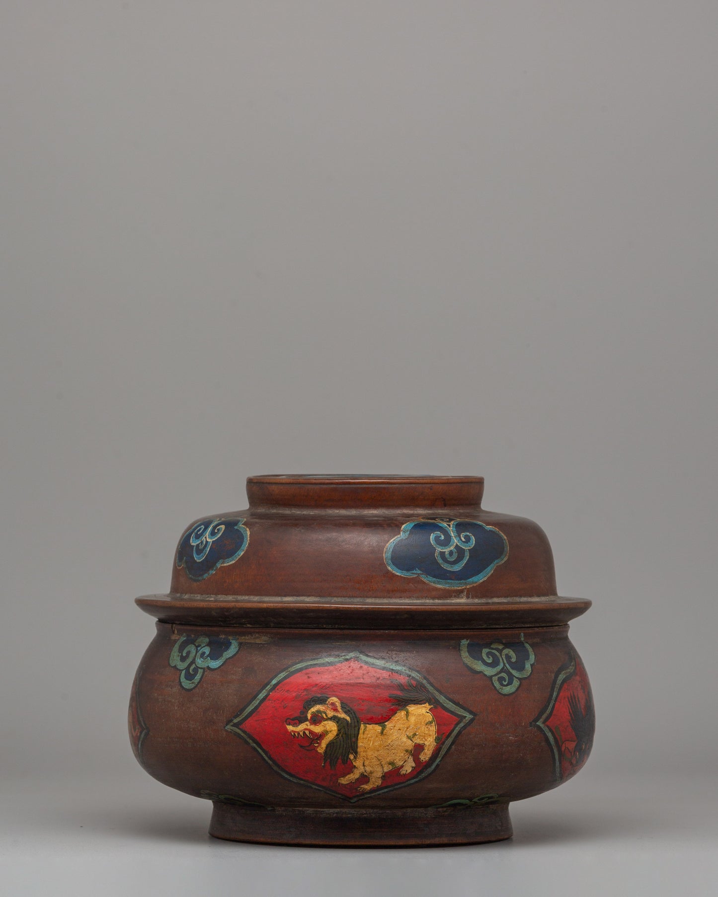 Buddhist Decorative Champa Pot |  Ritual Pot with Vibrant Lion Motifs