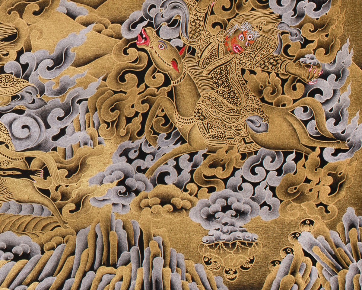 The Wrath of Mahakala | Pure Silver & Gold Embellished Thangka of the Dharma Protector