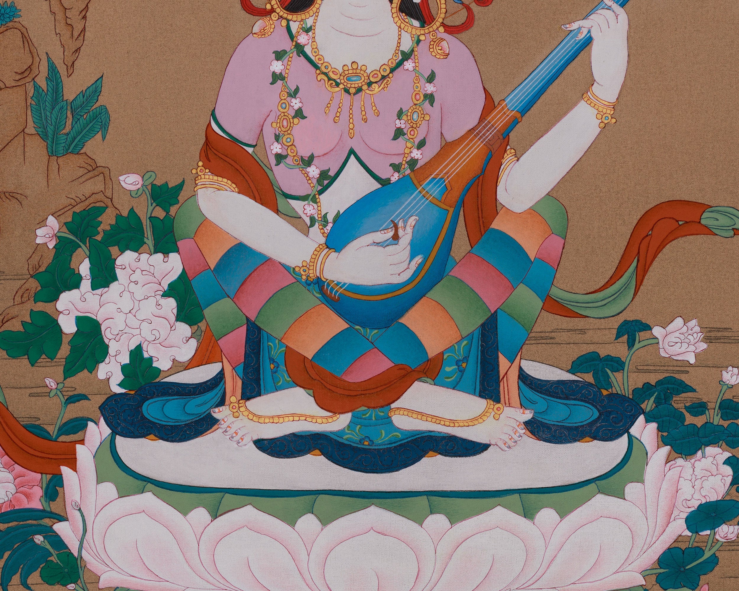 Traditional Saraswati Thangka | Goddess of Wisdom, Music, and Knowledge
