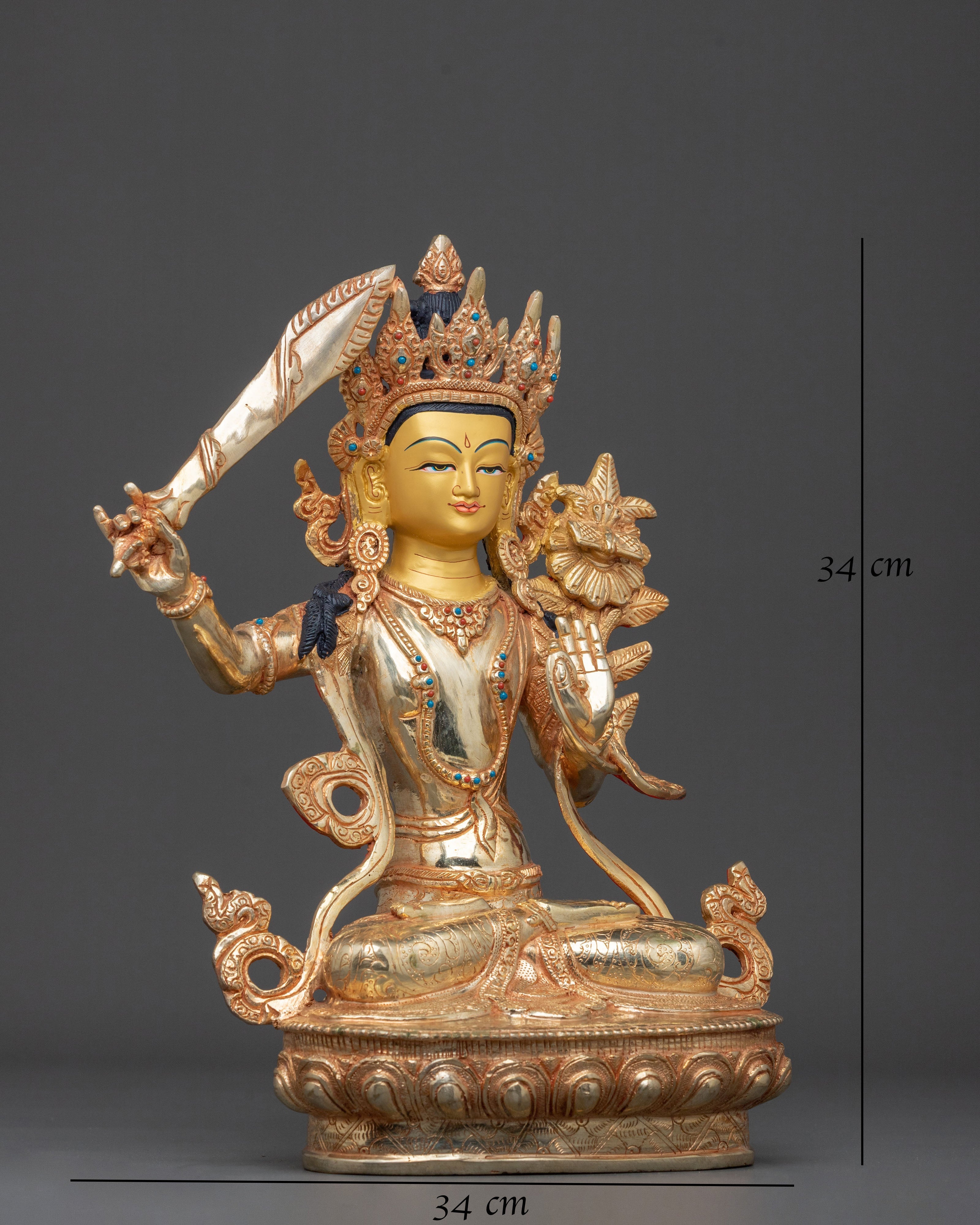 Manjushri Sacred Figurine | Copper Wisdom Deity Sculpture with Gold Plating