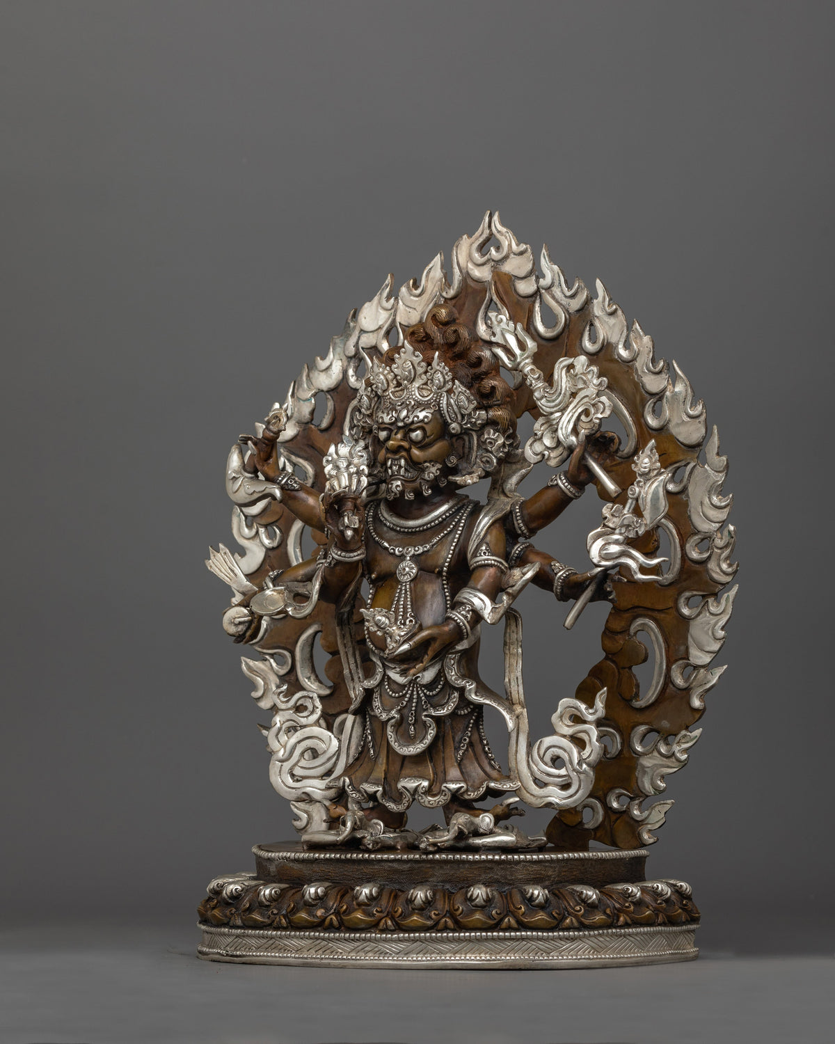 Hand-Carved Oxidized White Mahakala Statue | Silver-Plated Tibetan Sculpture
