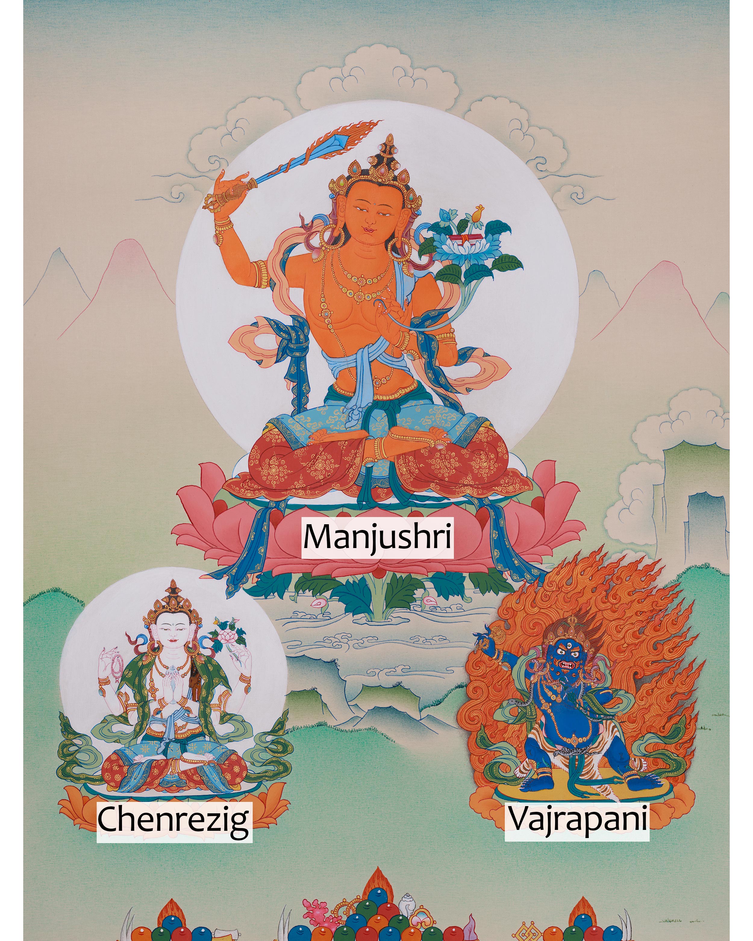 Manjushri with Chenrezig and Vajrapani Thangka | The Divine Triad of Wisdom, Compassion, and Protection