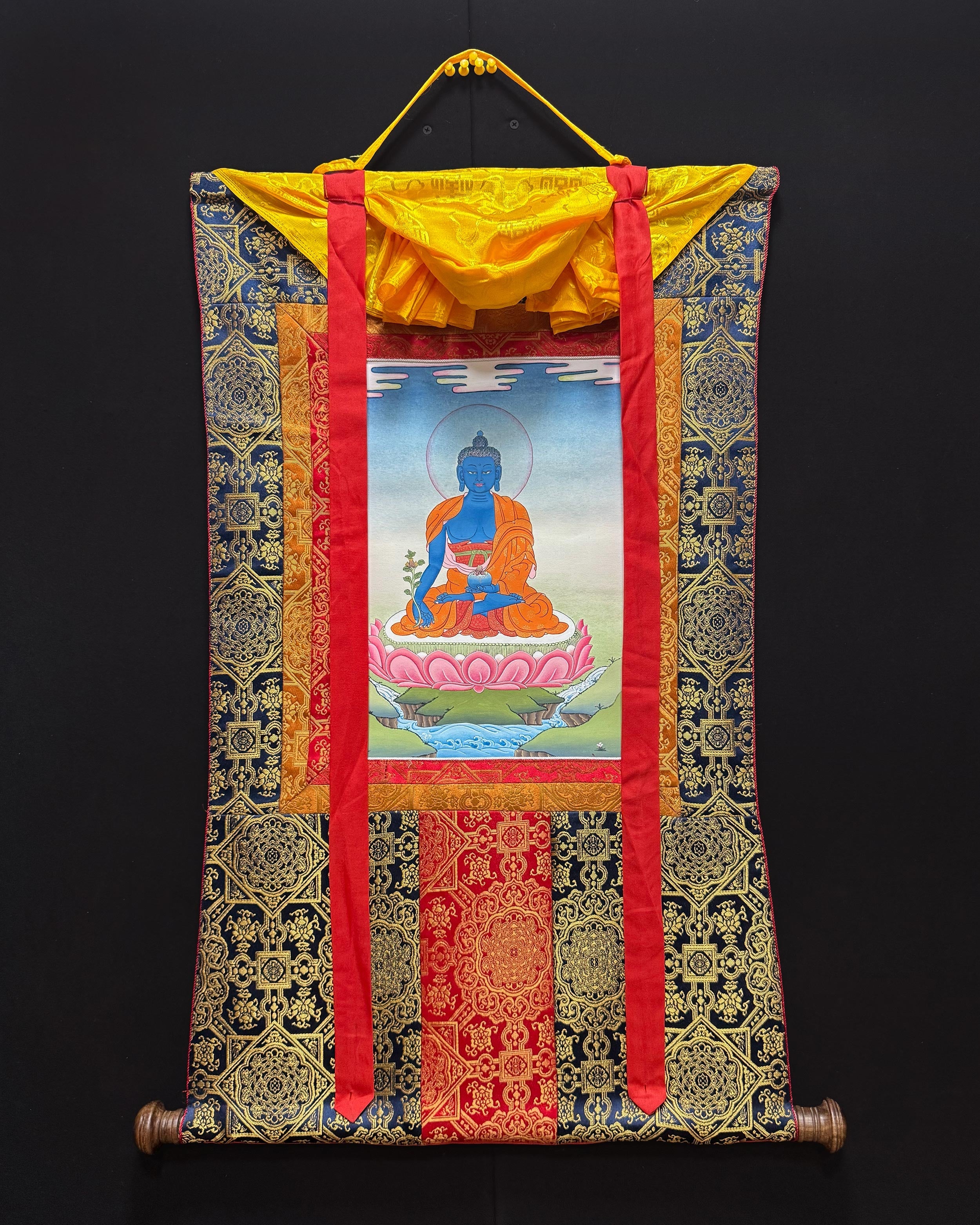 Medicine Buddha Meditation Thangka With Brocade | Bhaisajyaguru Art