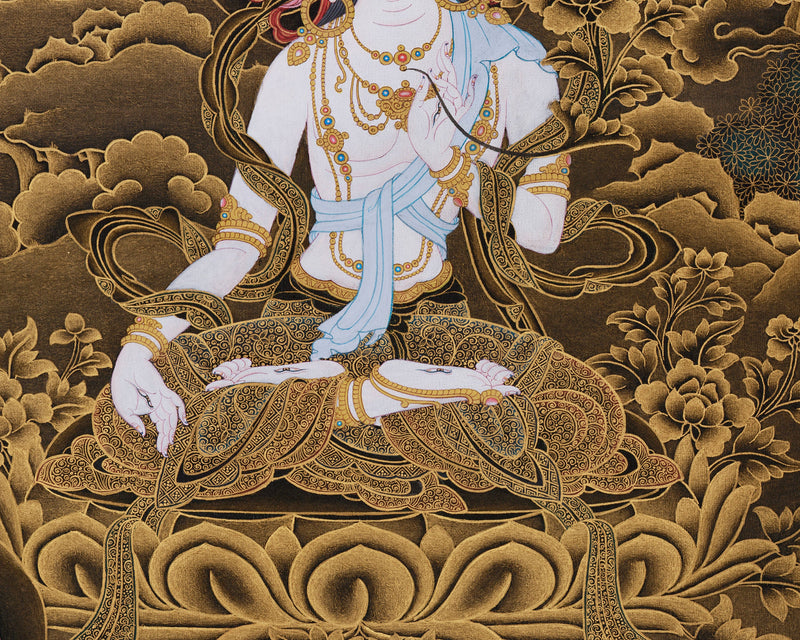 Three Deities of Long Life: White Tara, Amitayus, and Namgyalma | Gold Embellished Thangka