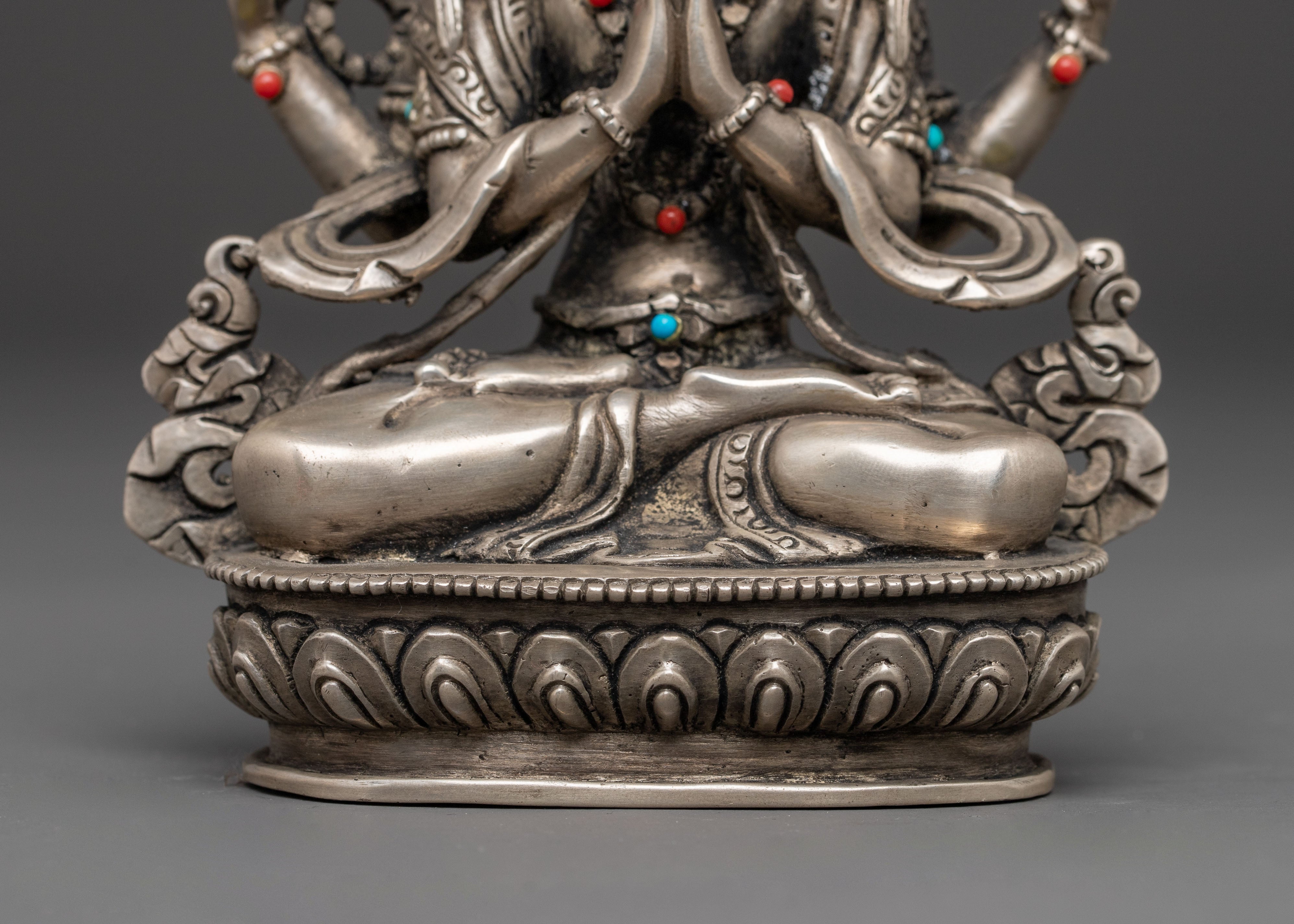 Handmade Silver Chenrezig Statue | Compassion Buddha Sculpture