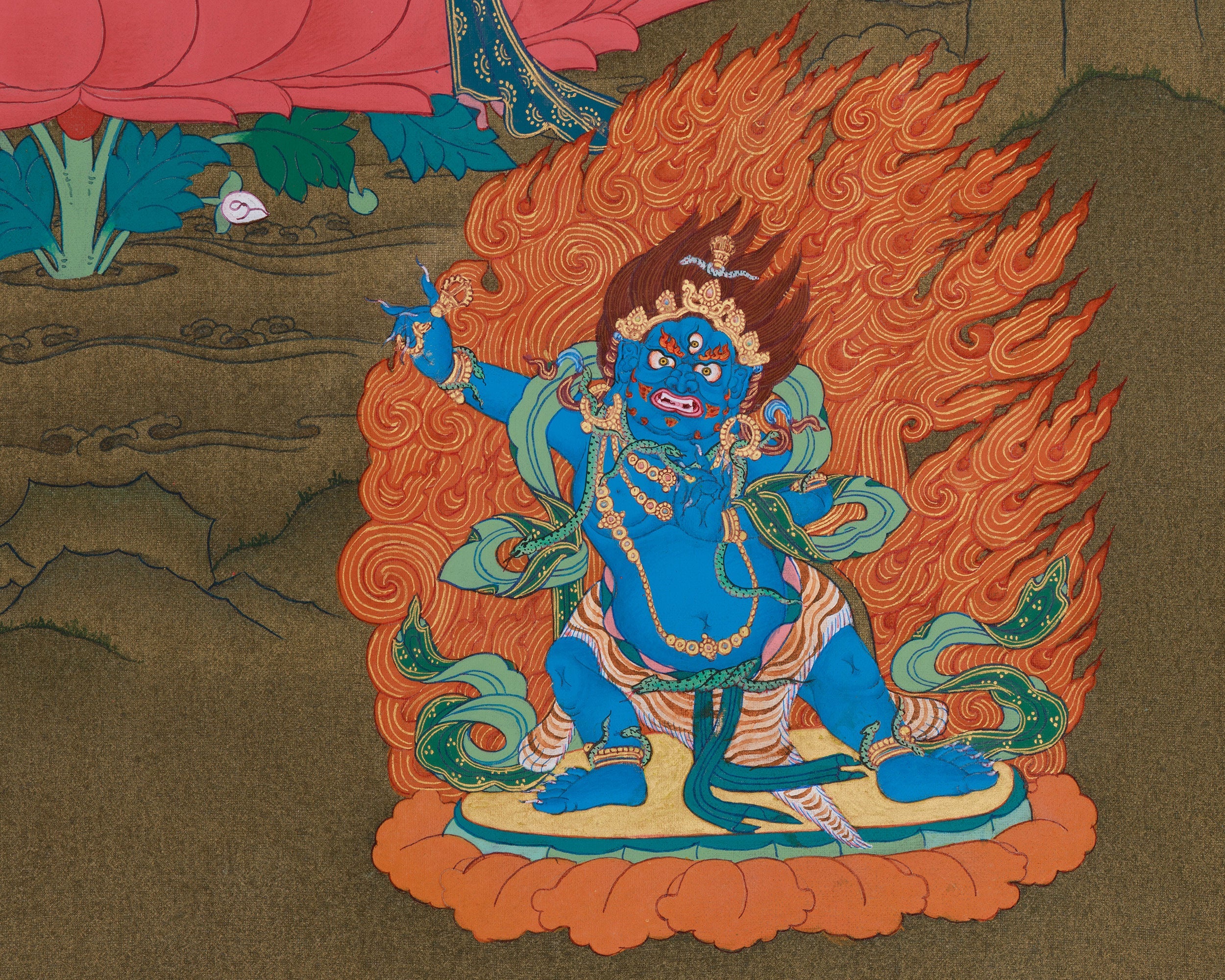 Tibetan Buddhist Manjushri with Chenrezig and Vajrapani | Thangka of Three Bodhisattvas