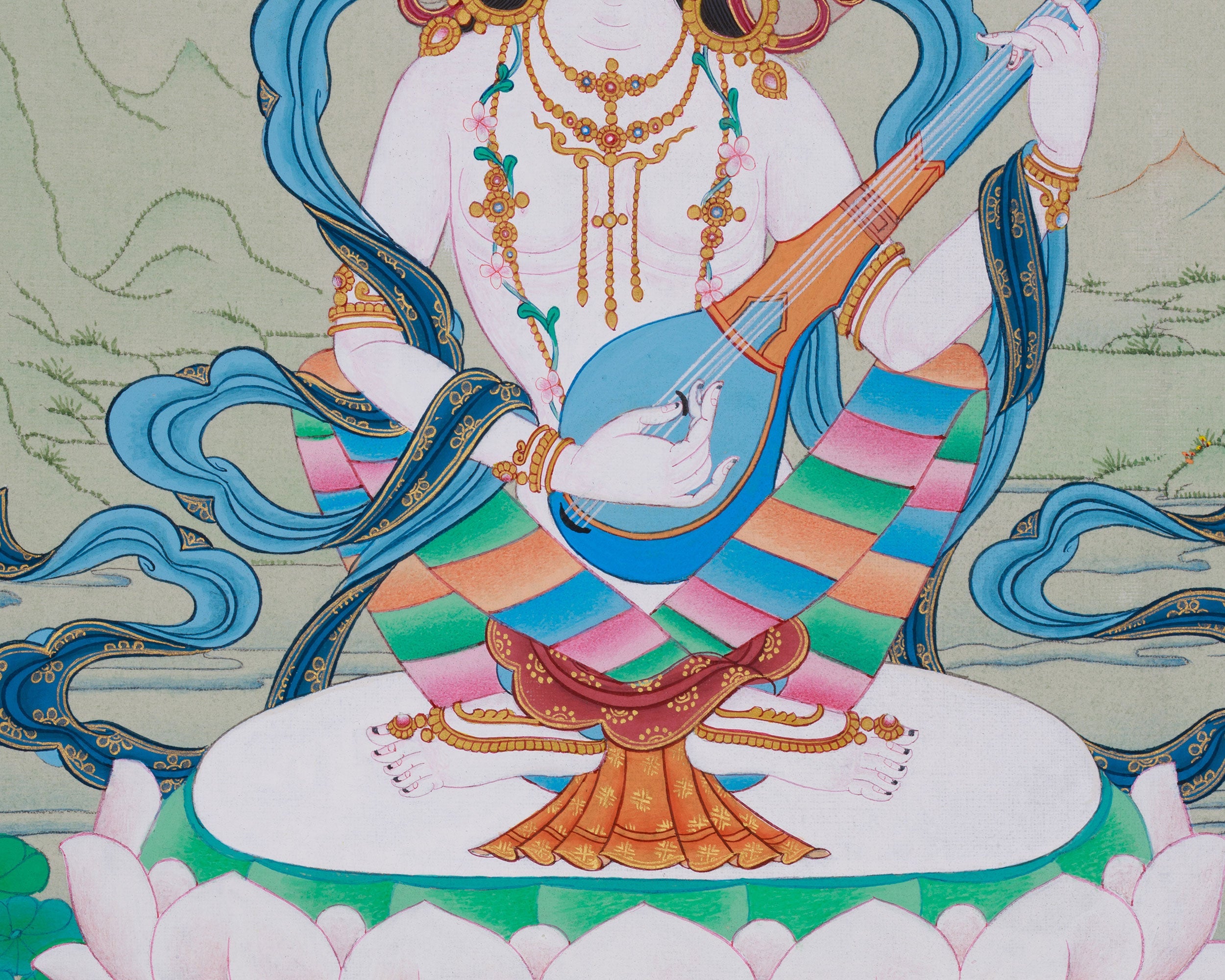 13-Inch Saraswati Thangka | Hand-Painted Goddess of Wisdom and Arts