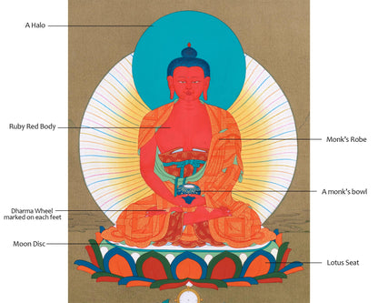 Amida Buddha Thangka - Sacred Tibetan Art with Deep Red Hues