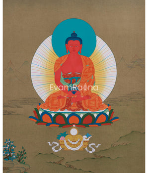 Amida Buddha Thangka - Sacred Tibetan Art with Deep Red Hues