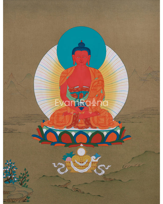 Amida Buddha Thangka - Sacred Tibetan Art with Deep Red Hues