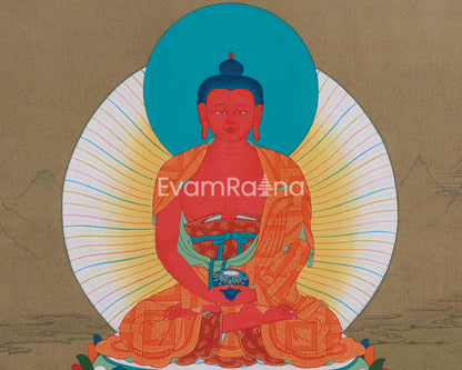 Amida Buddha Thangka - Sacred Tibetan Art with Deep Red Hues